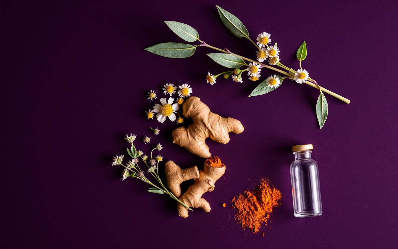 Ginger, chamomile, sage and turmeric on a deep violet background